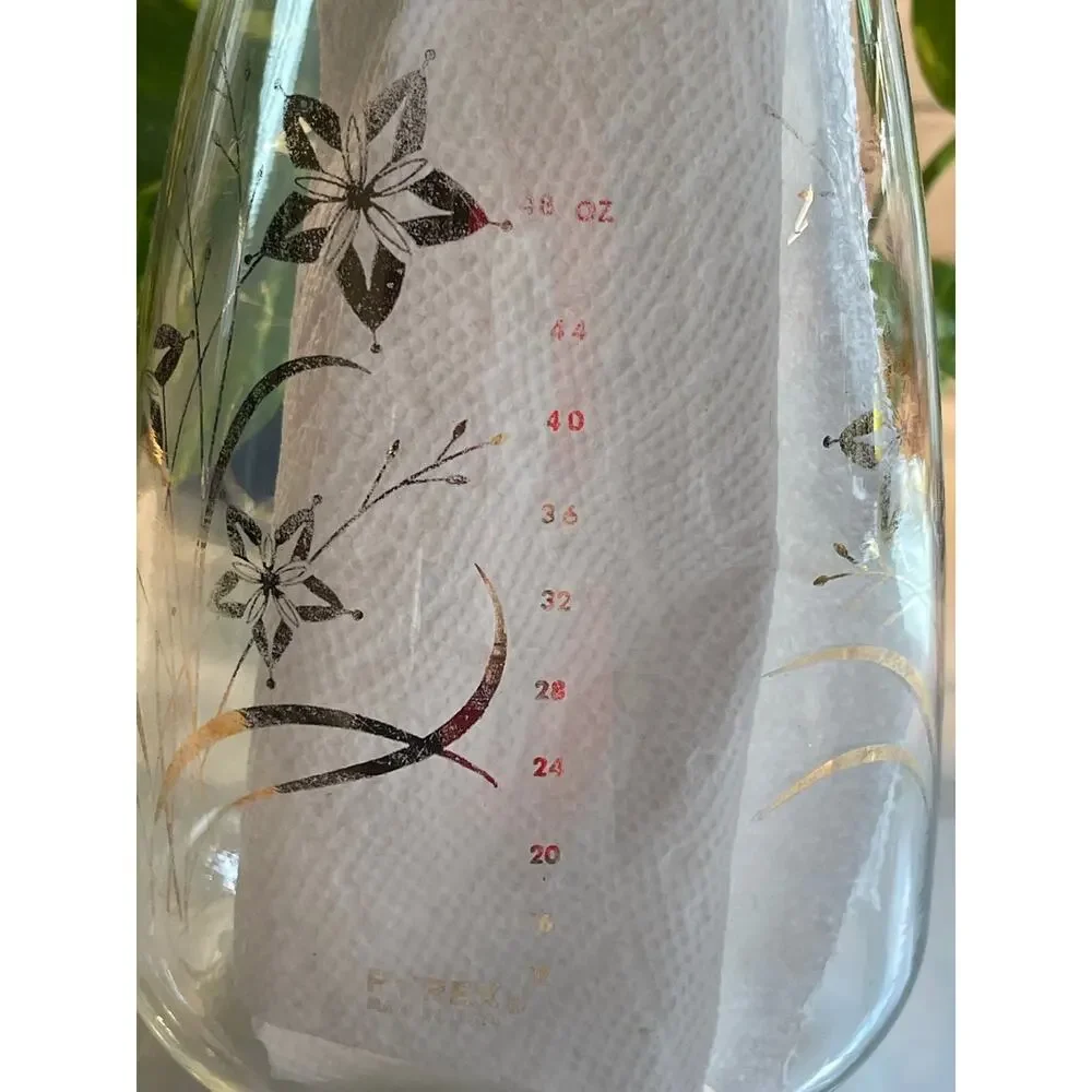 Vintage Pyrex 48 oz Juice Carafe or Pitcher with Gold Floral Design